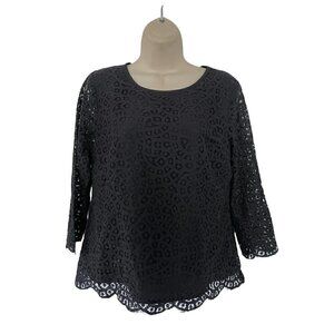 J. Crew Factory Women's Size 6 Black Scalloped Lace 3/4 Sleeve Blouse